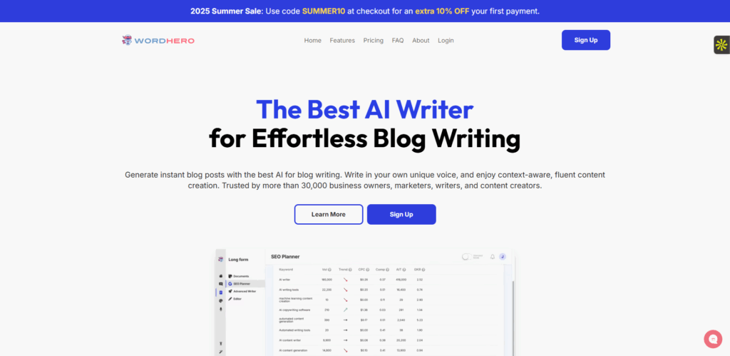 Interface du logiciel WordHero