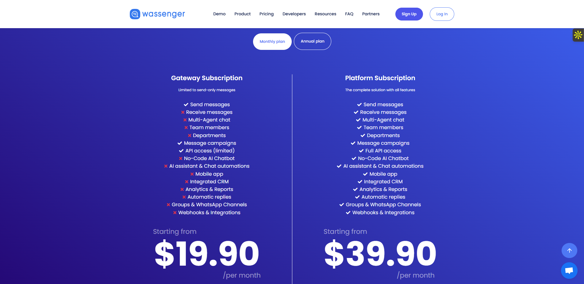 Les tarifs du logiciel Wassenger